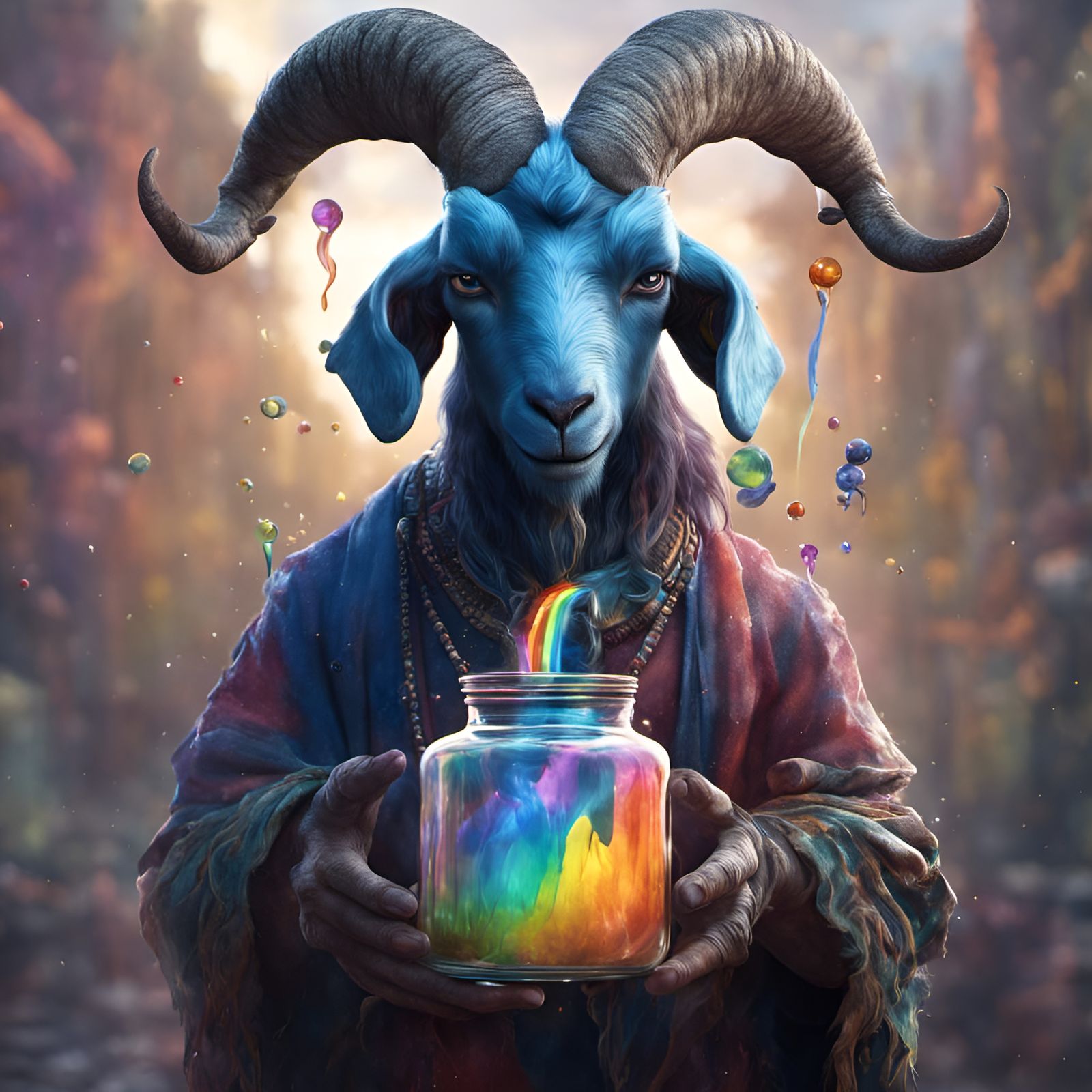 Blue Goat Hybrid with Rainbow Jar, Digital Art