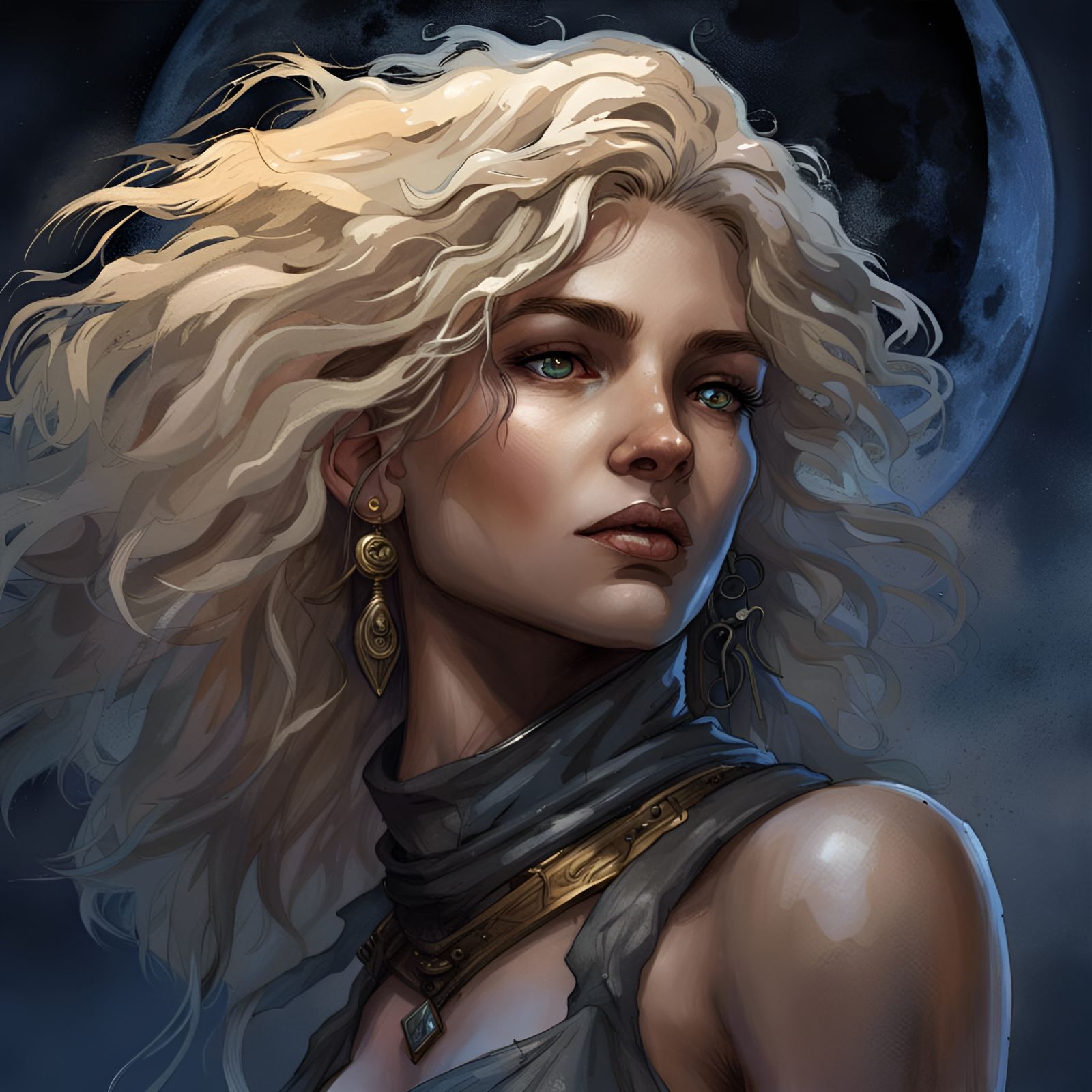 Moon Goddess Selune Portrait in Enki Bilal Style