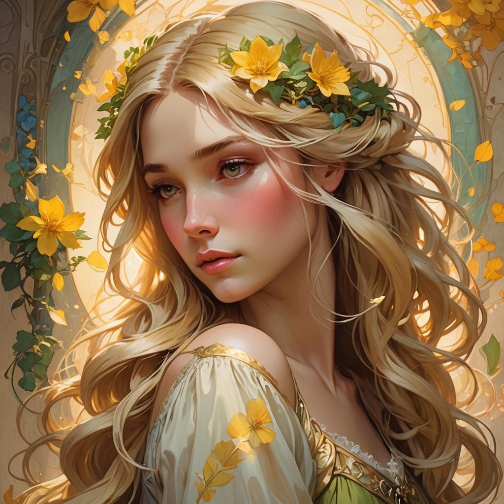Rapunzel Portrait with Sundrop Flower in Art Nouveau Style