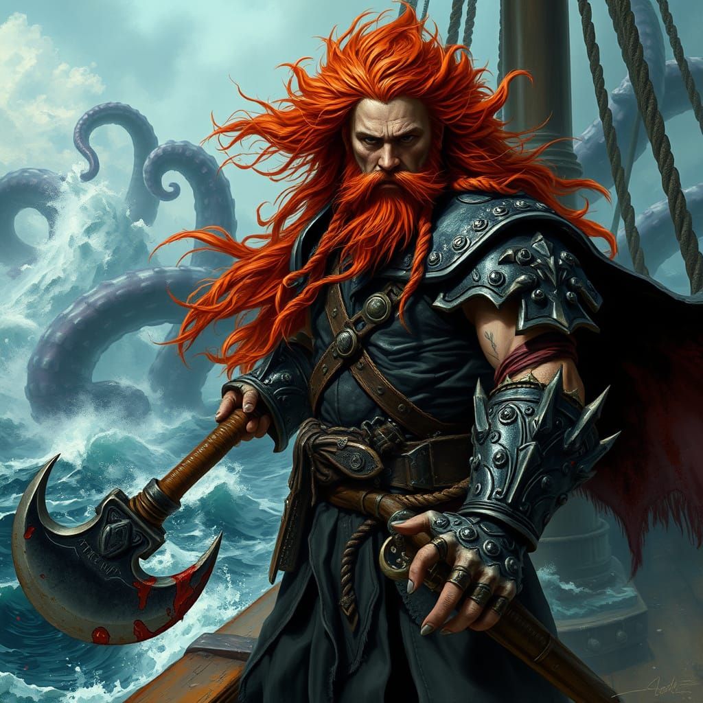 Pirate Lord Confronts Kraken in Dark Fantasy Style