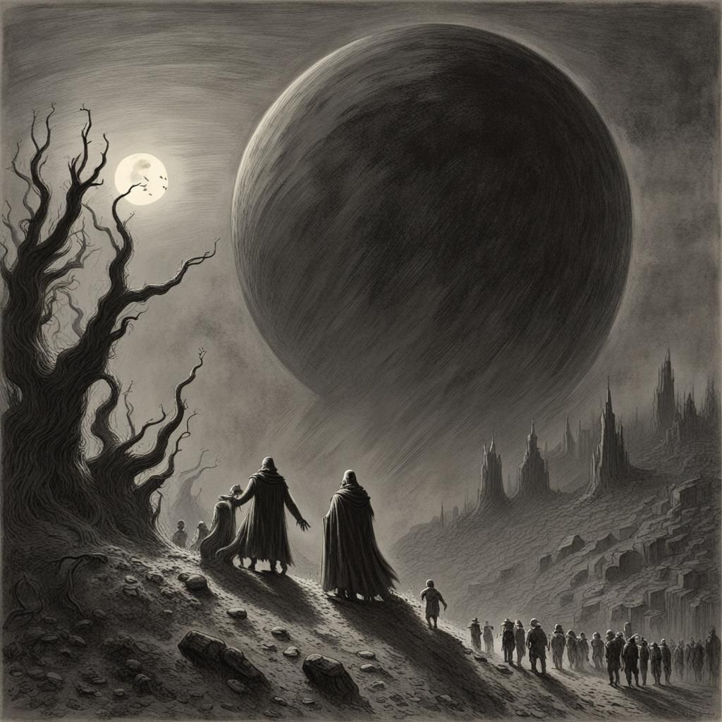 Haunted Planet in Horror Engraving Style