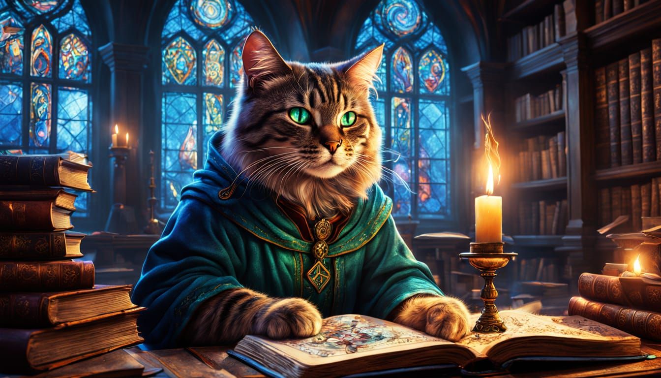 Mystical Cat Wizard in Grand Old Library