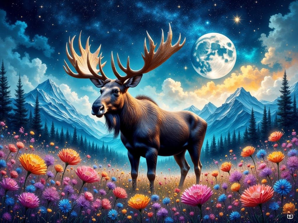 A majestic moose in a field of wildflowers under a full moon