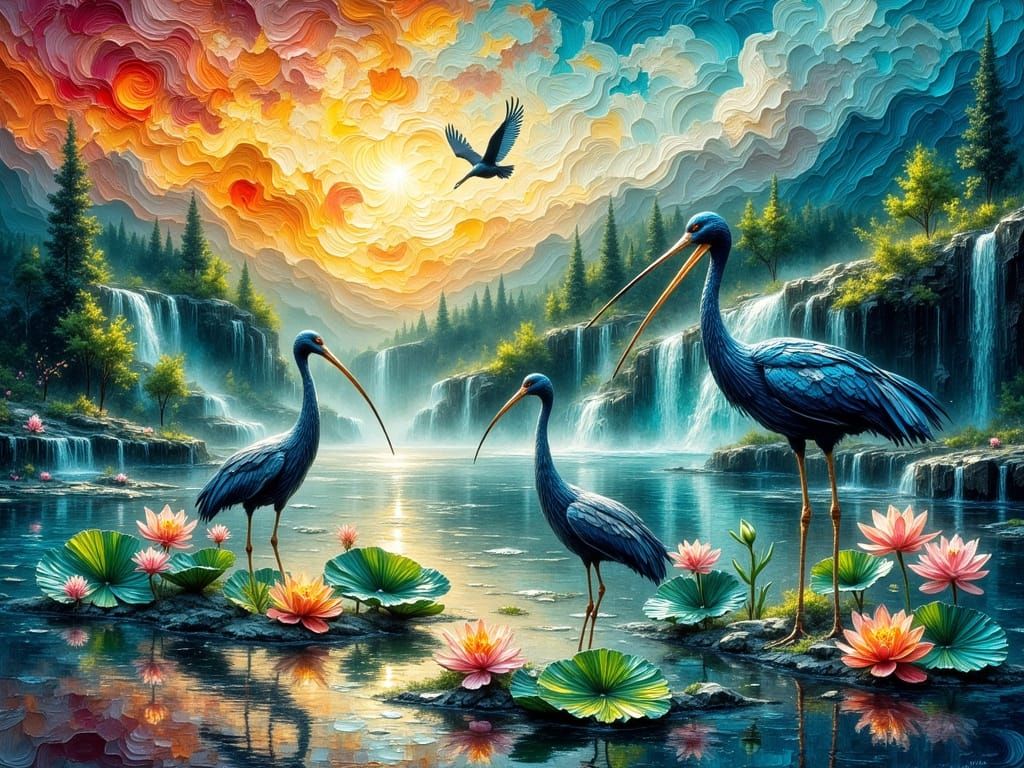 Storks in a Vibrant Landscape with Lotus Flowers