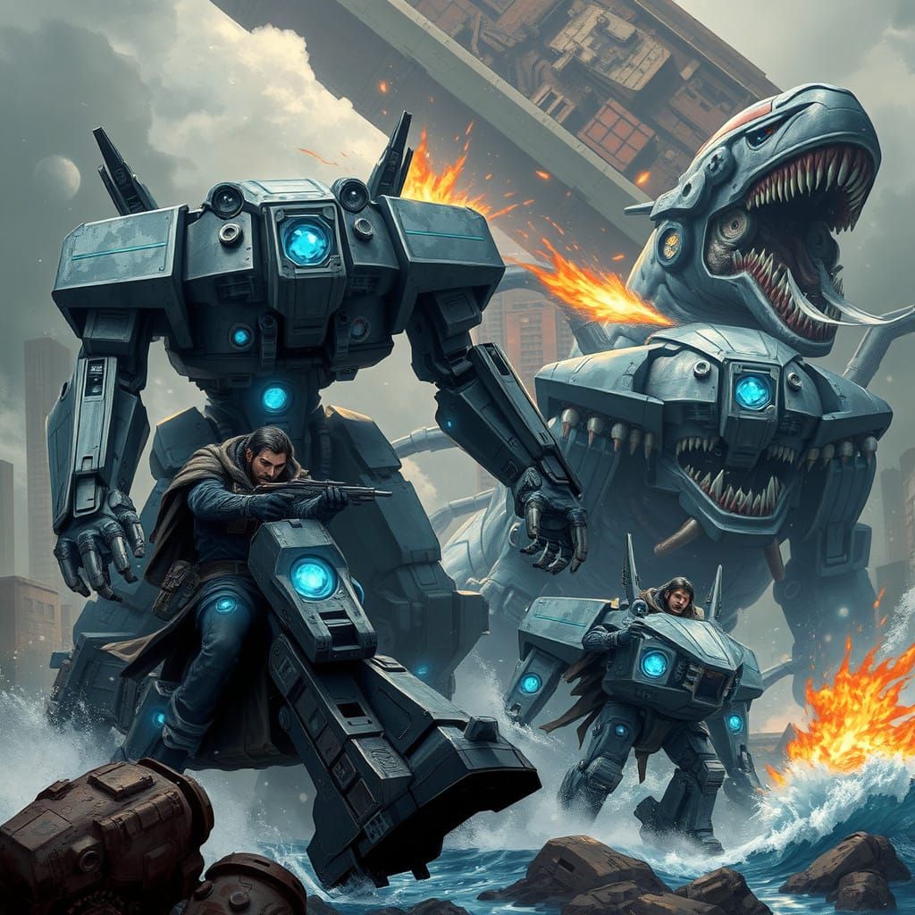 Cyberpunk Mechs Battle Colossal Sea Monsters in Ruined Citys...