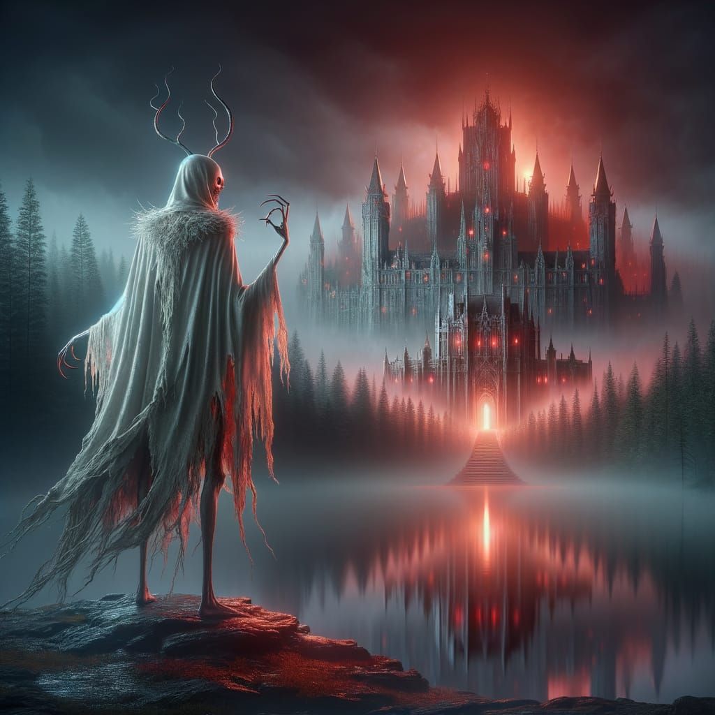 Creepy White Creature Before Red Castle in Fog