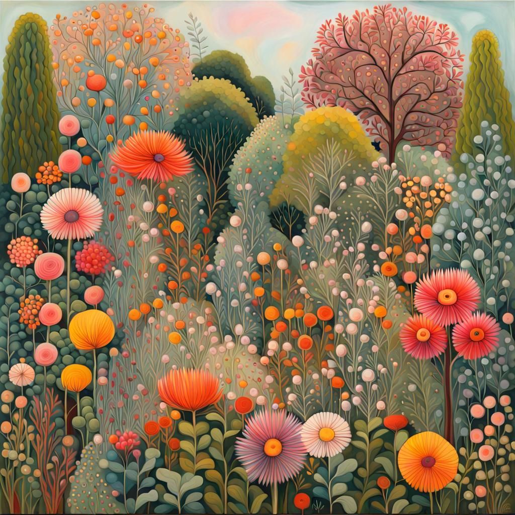 Maximalist Arboretum Painting with Dense Foliage and Flowers