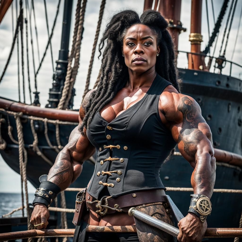 Strong Pirate Woman on Ship, Photorealistic Portrait