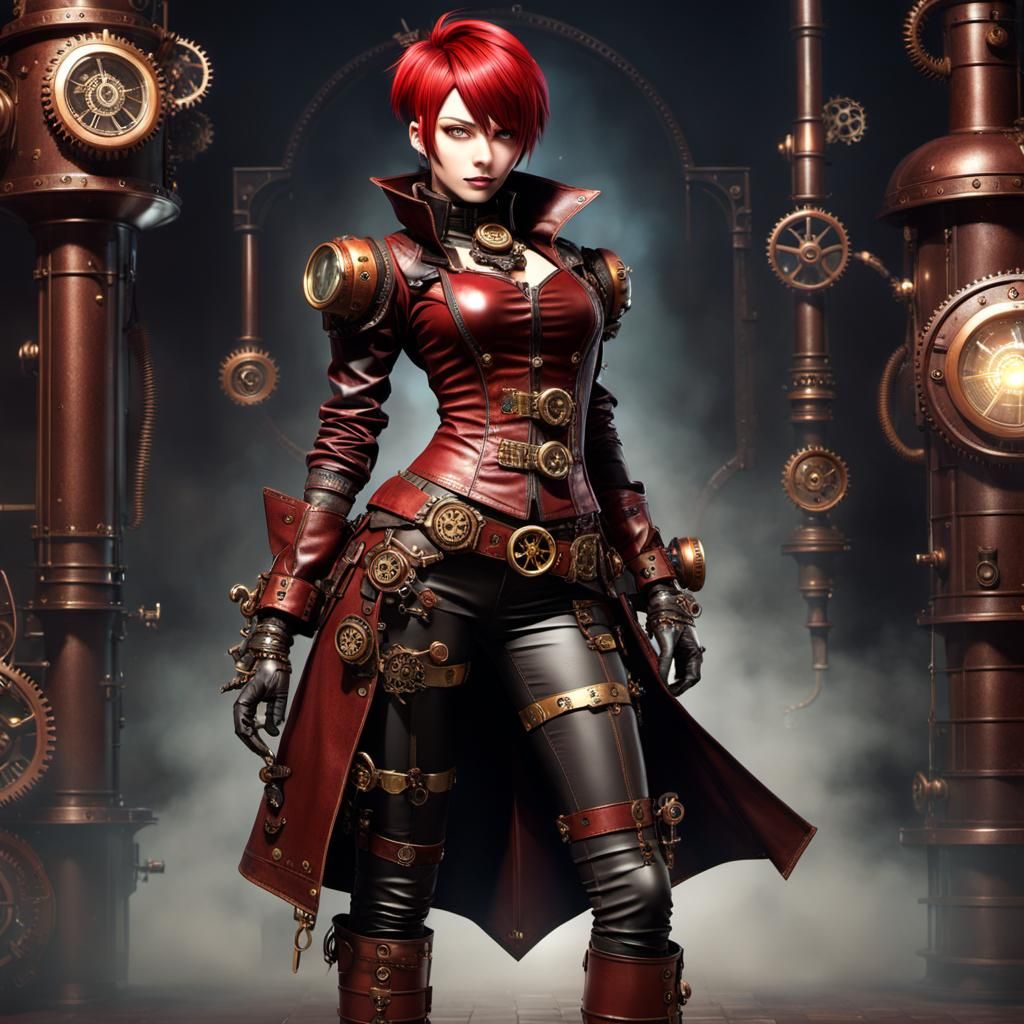 Anime Steampunk Girl in Leather Outfit