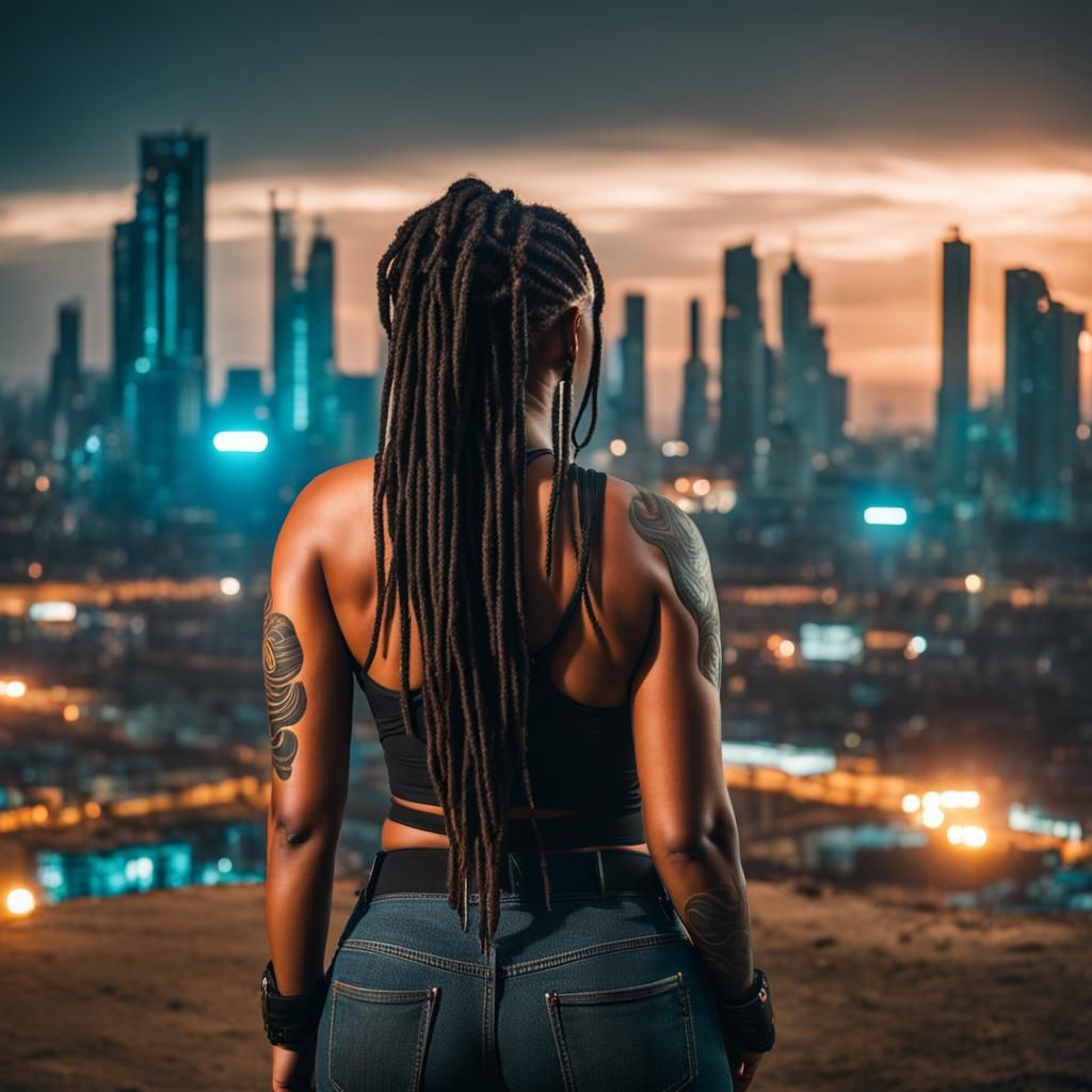 Cyberpunk Woman with Dreadlocks Looks Back