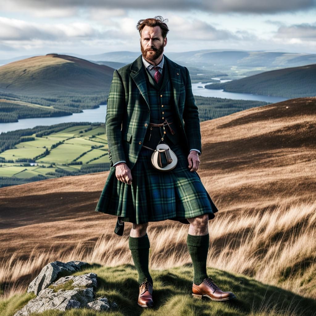 Scottish Highlander in Plaid on Grassy Hill