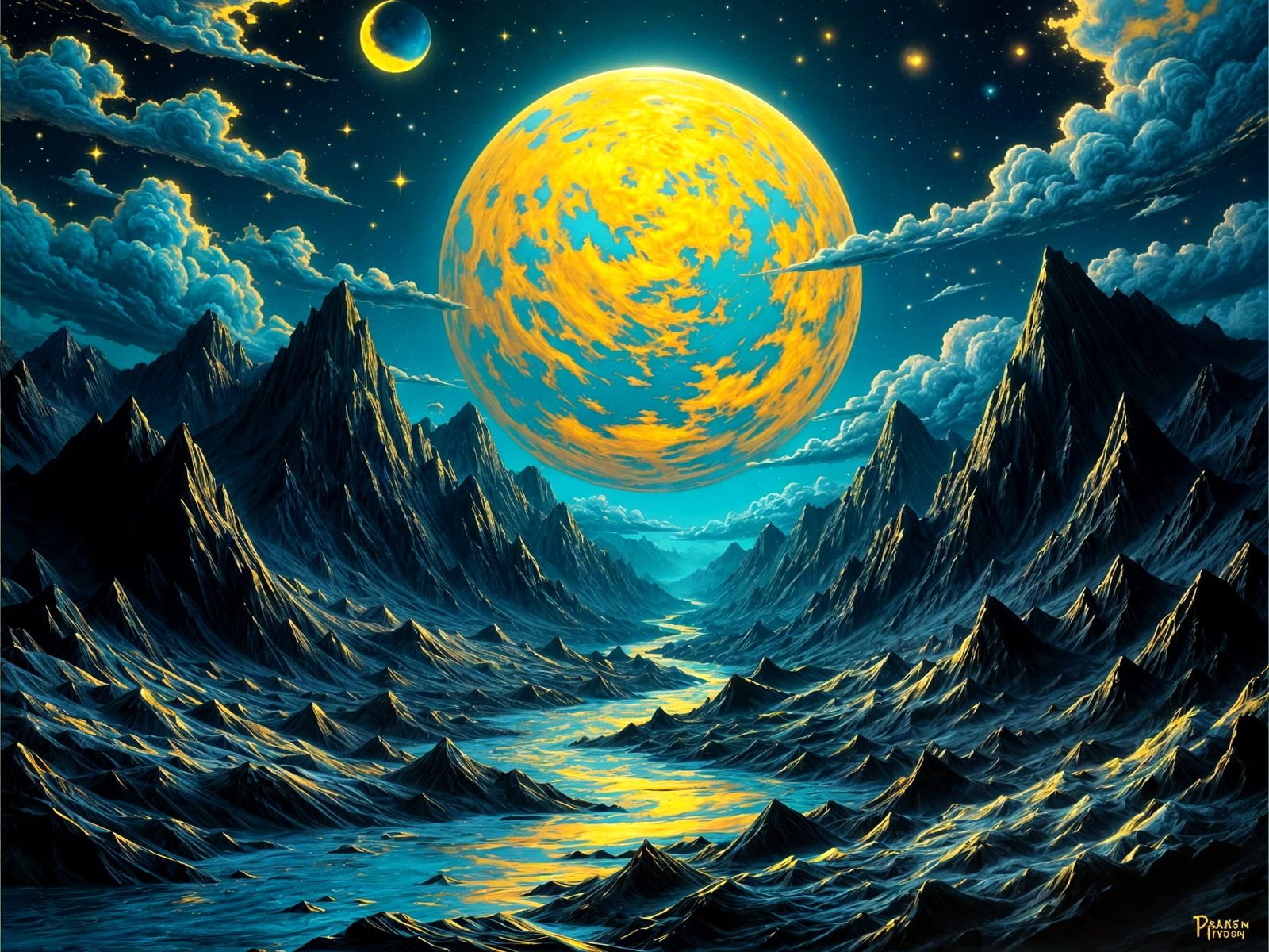 Glitched Lucid Dreamscapes in Vibrant Cerulean and Gold