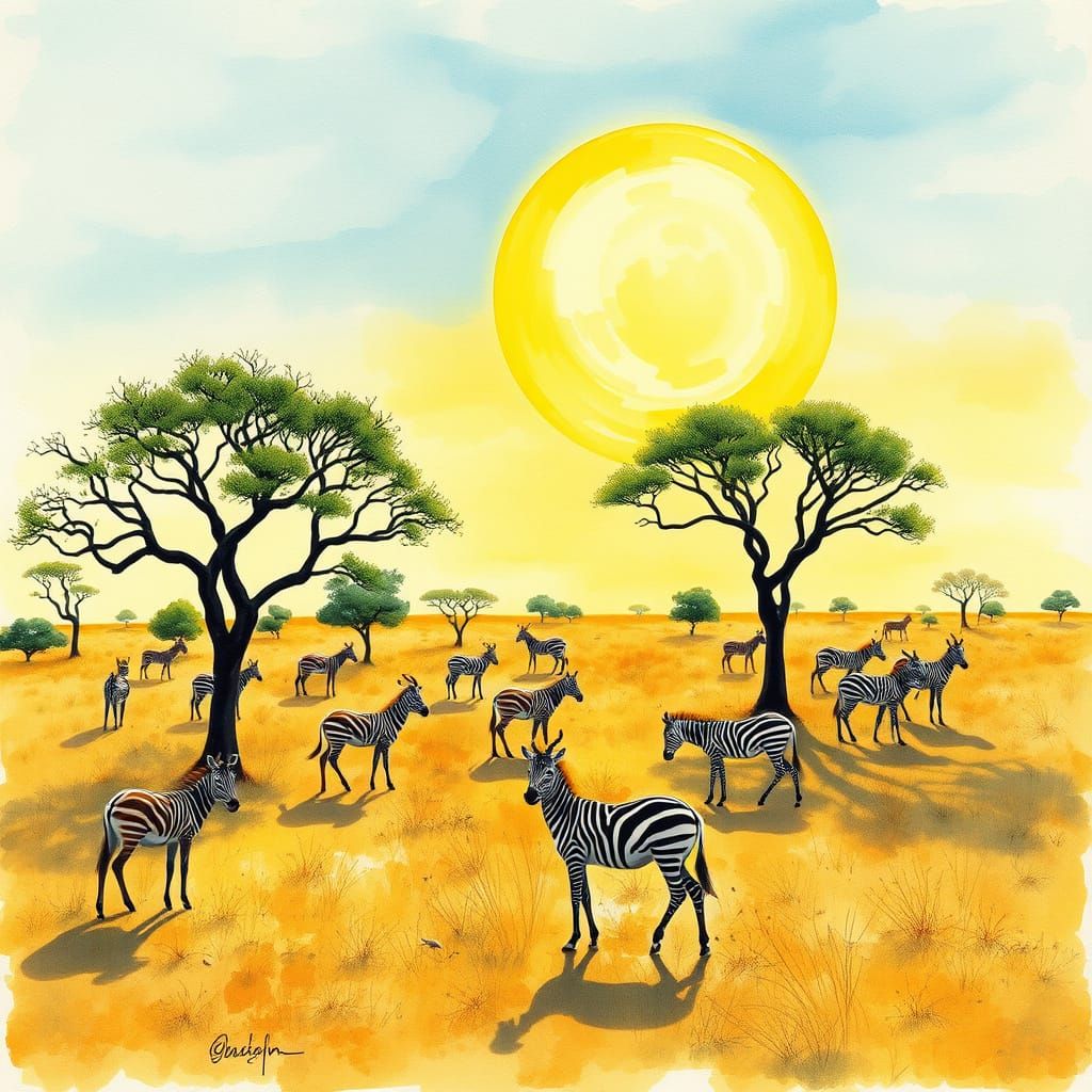 Sunlit Savannah with Grazing Animals, Watercolour Style