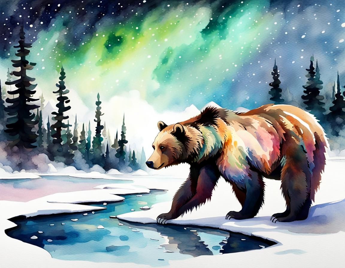 Watercolor Grizzly Bear Under Northern Lights