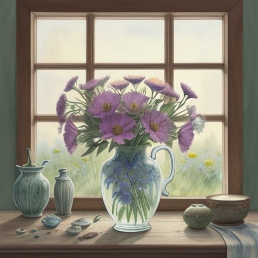 Whimsical Watercolor Wildflowers in a Vintage Vase