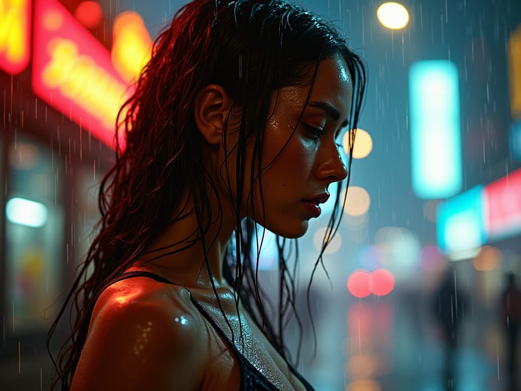 Rainy Cyberpunk Woman in Photorealistic Cityscape