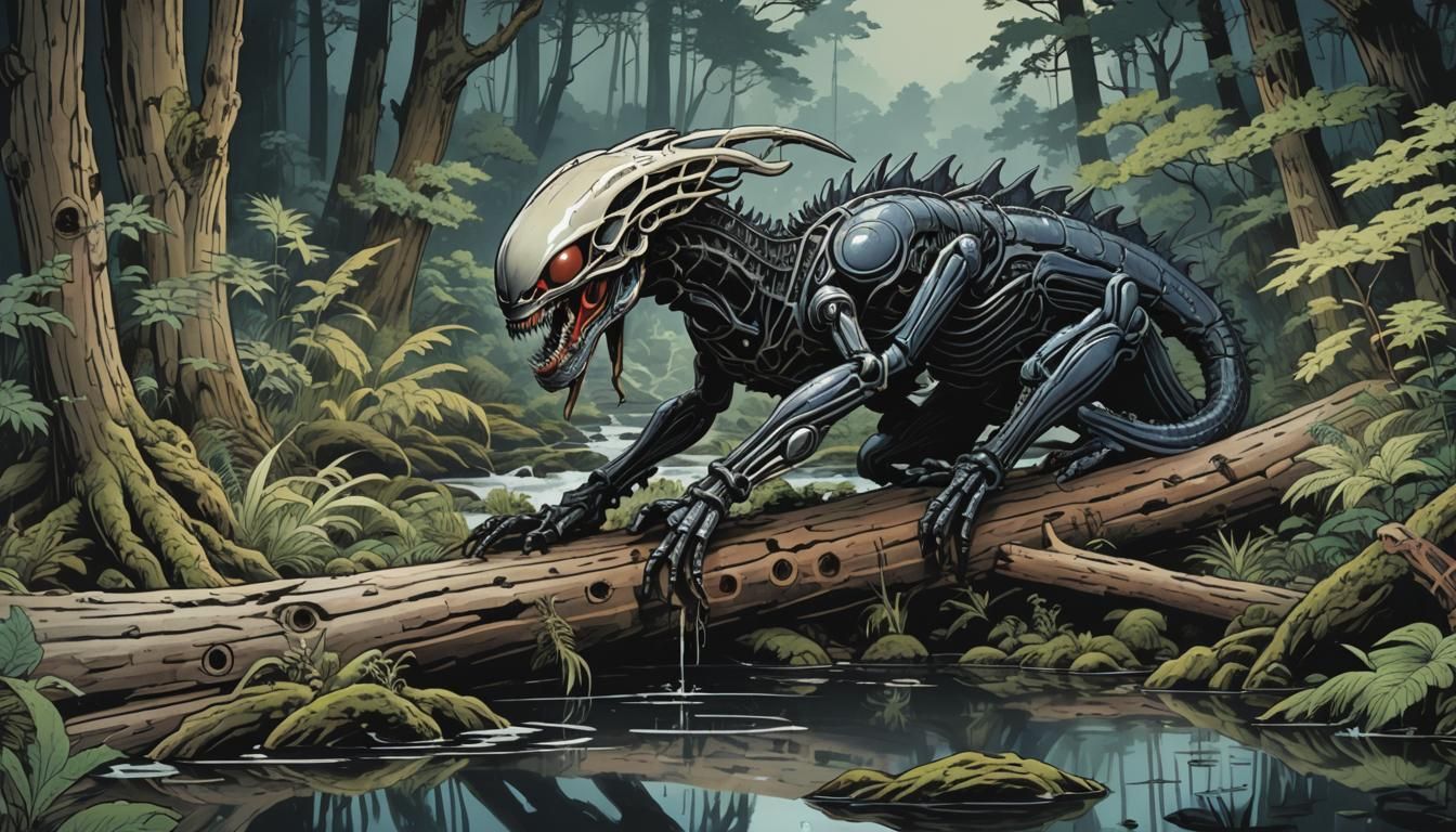 Xenomorph in Enchanted Forest: Ukiyo-e Painting