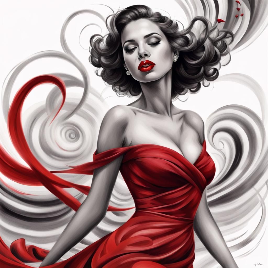 Woman in Red Dress: Black and White Pencil Art