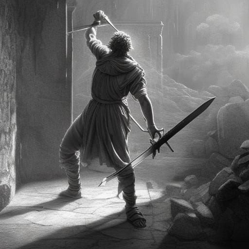 Swordsmith Forging Sword in Dynamic Lit Post-Apocalyptic Sce...