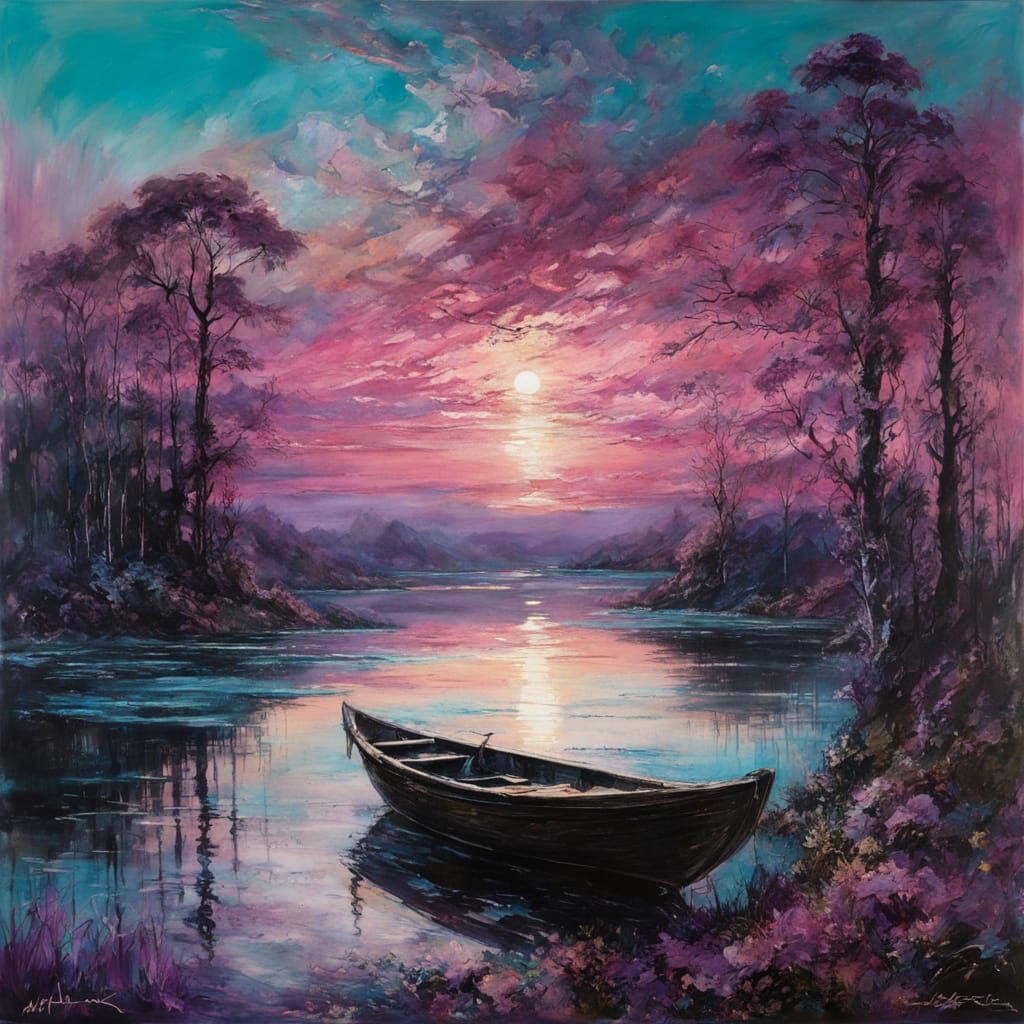 Sunset in shades of lilac, cyan, and magenta