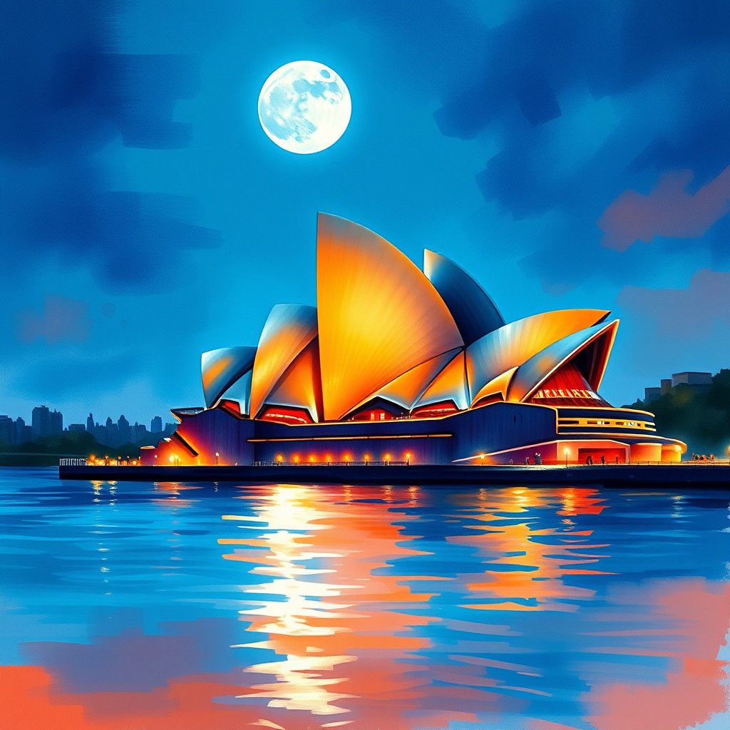 Sydney Opera House at Night in Dreamlike Watercolour