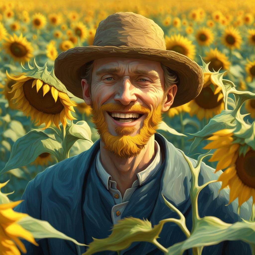 Van Gogh laughing in a field of laughing sunflowers. head an...