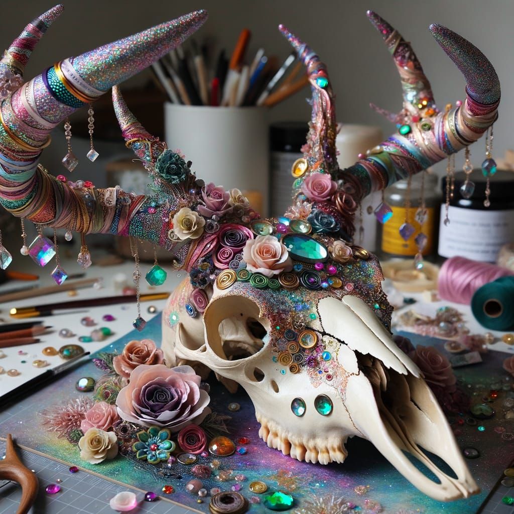 Ethereal Deer Skull Assemblage with Yarn and Gems