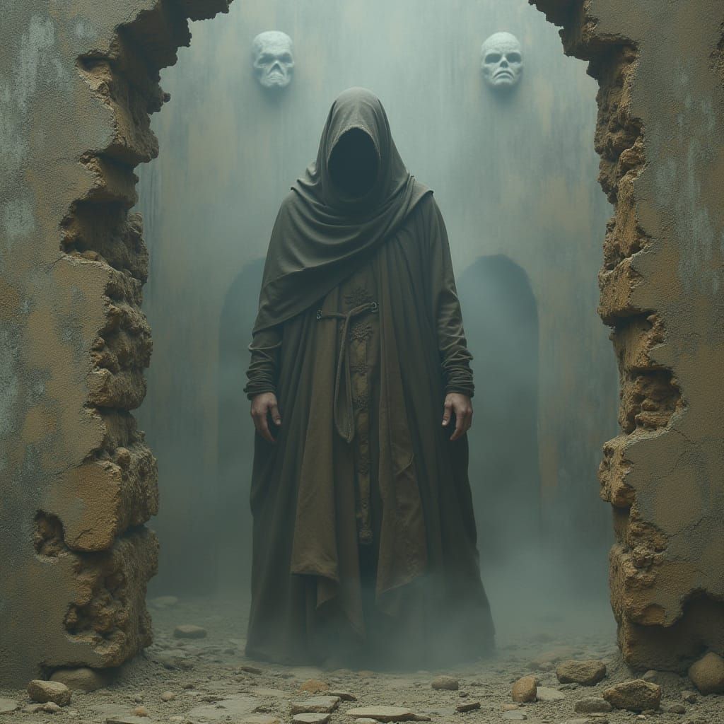 Mist-Shrouded Figure Behind Crumbling Wall in Surreal Scene