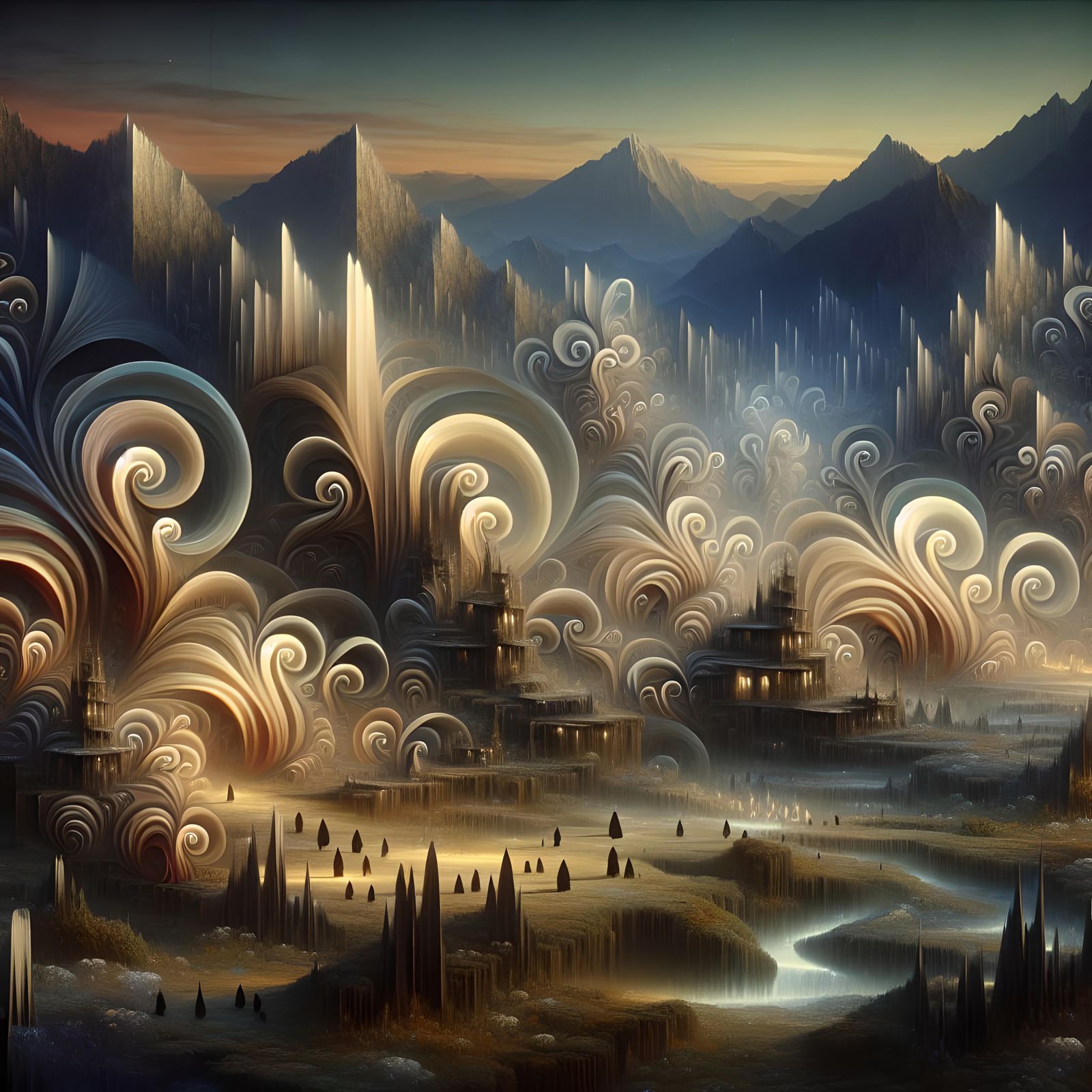 Eerie Twilight Landscape with Recursive Elements