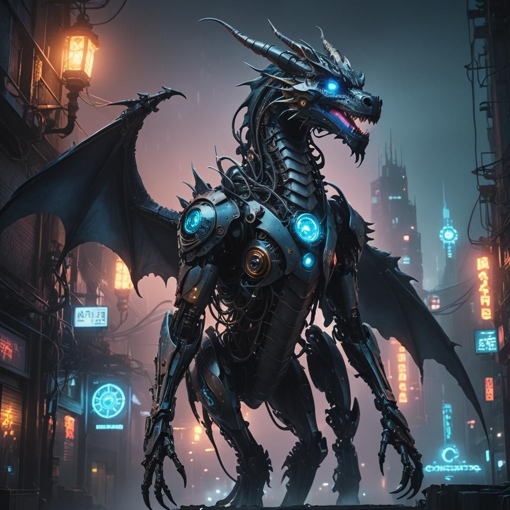Cyberpunk Robotic Dragon in Misty Cityscape