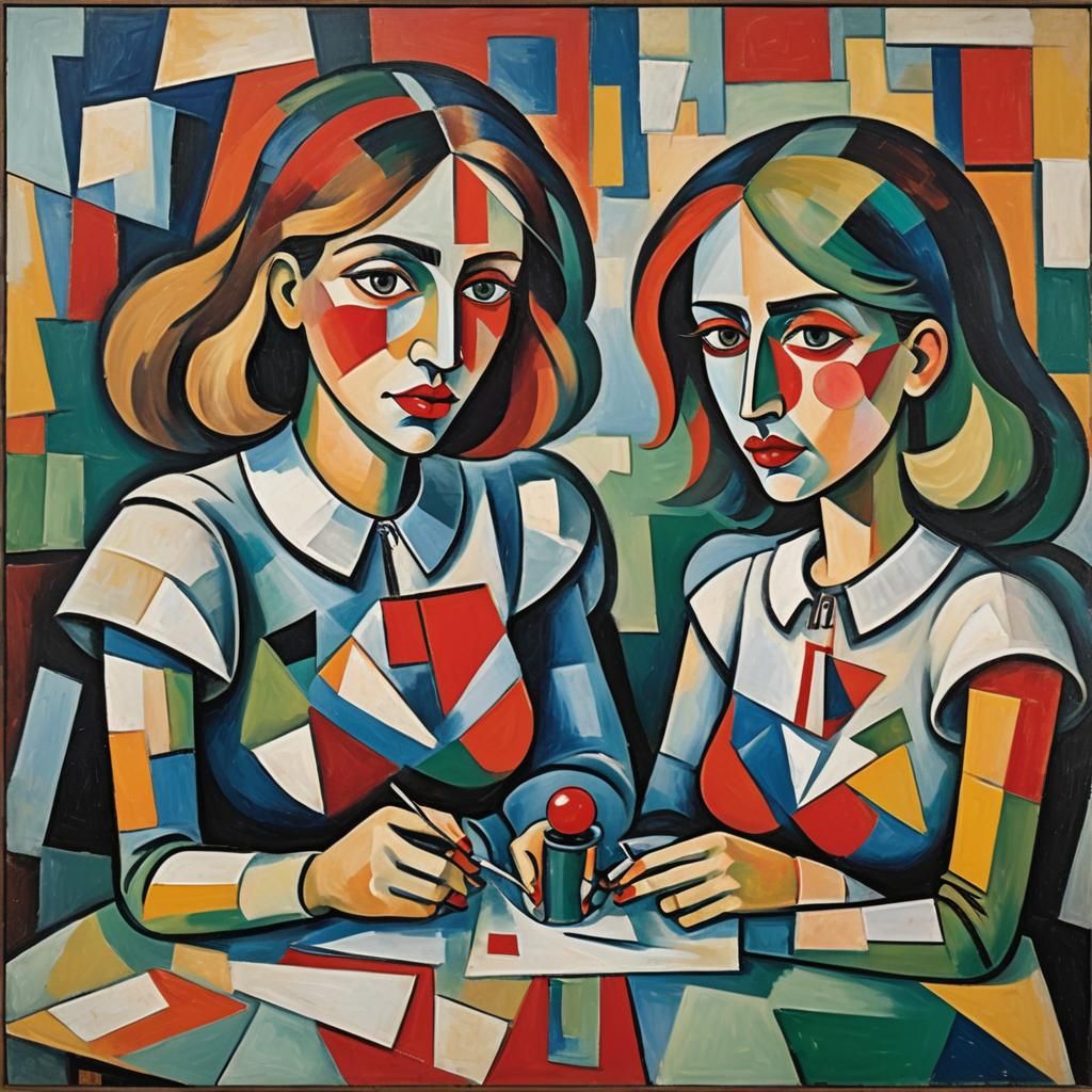 Cubist Girls at Table in Geometric Fauvism Style
