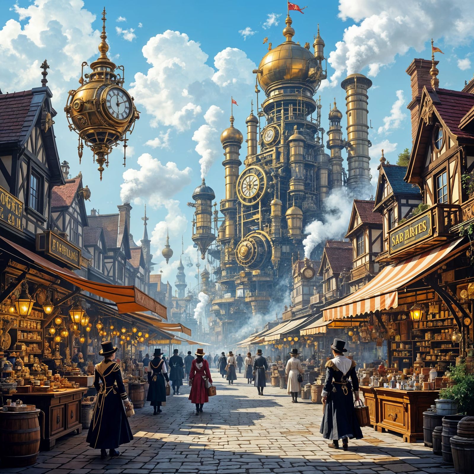 Steampunk City Marketplace with Automatons and Victorian Mer...
