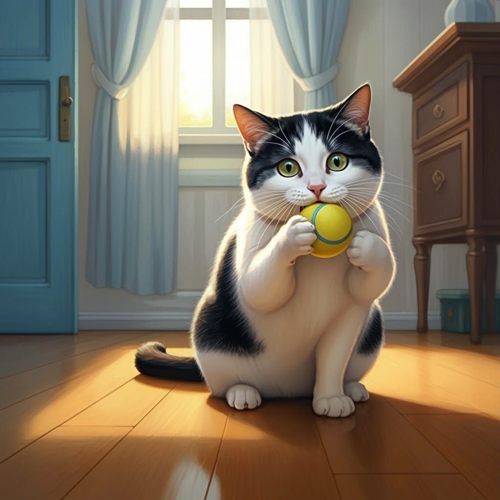 Playful Cat with Yellow Ball in Impressionist Style