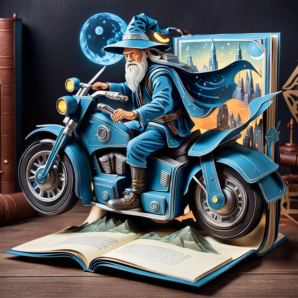 Wizard on Futuristic Motorcycle in Pop-Up Book