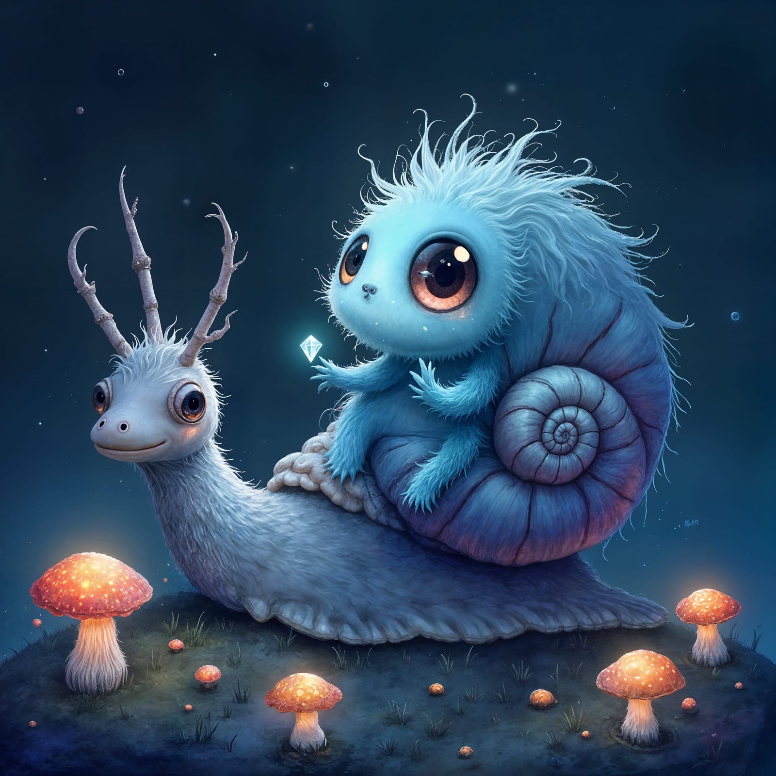 Whimsical Eyeball Monster on Bioluminescent Snail Shell