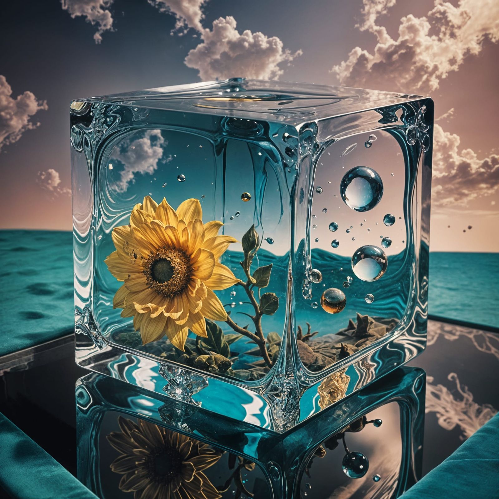 Surreal Oil Painting of Glass Cubes in Impossible Geometry