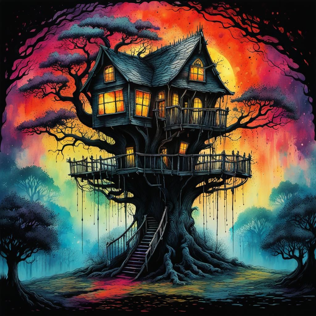 Creepy Surreal Treehouse in Detailed Ink Splatter Art