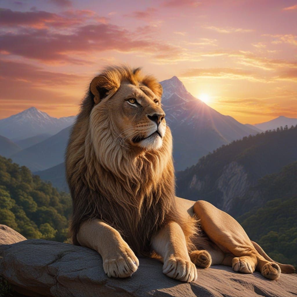 Divine Goddess on Lion in Mystical Sunrise Landscape