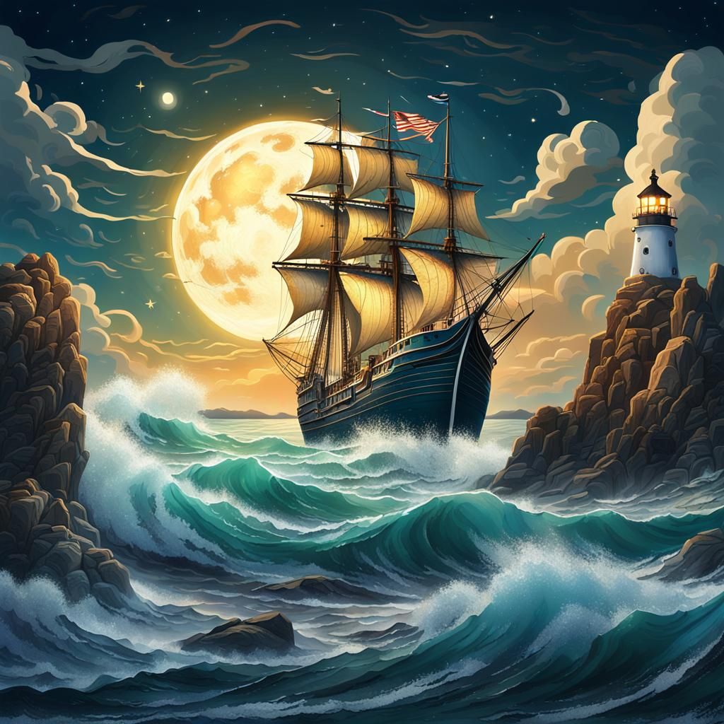 Sailing Ship in Fantasy Landscape with Cubist Zentangle Art