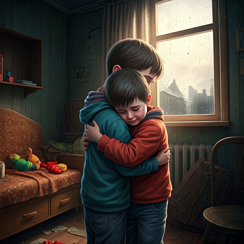 Touching Image of Siblings Hugging in a Sparse Room