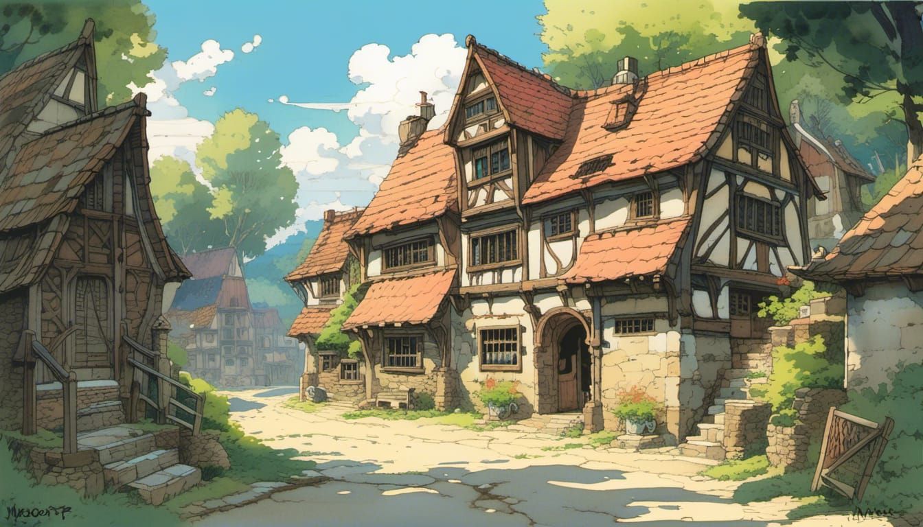 Anime Concept Art of a Whimsical Medieval Village