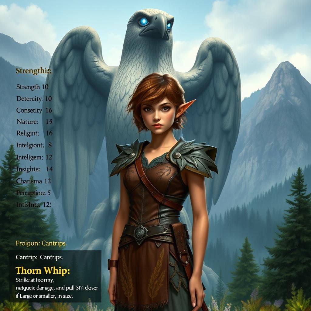 female wood elf druid stands confidently in front of a tower...