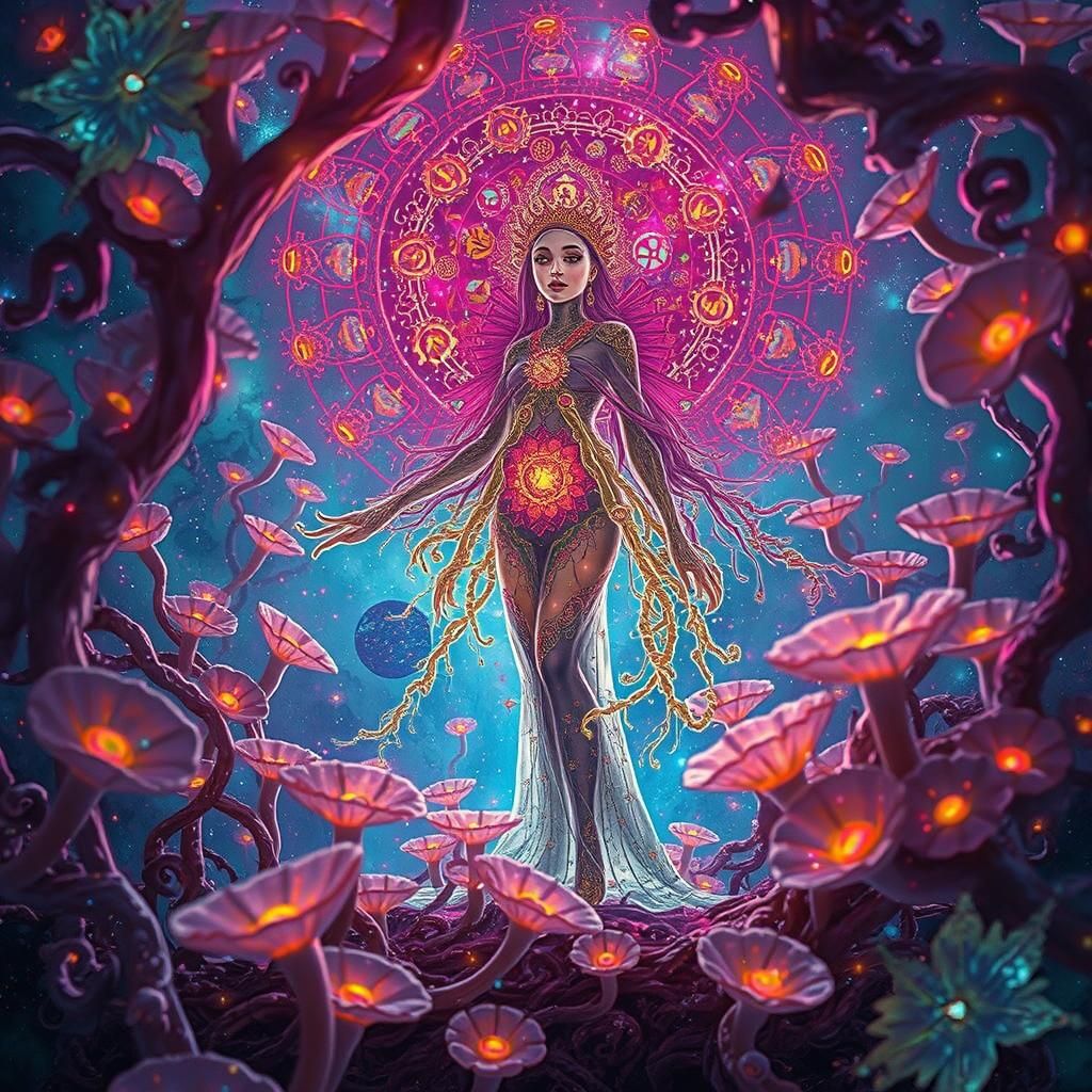 Detailed Mycelium Network with Faces and Symbols