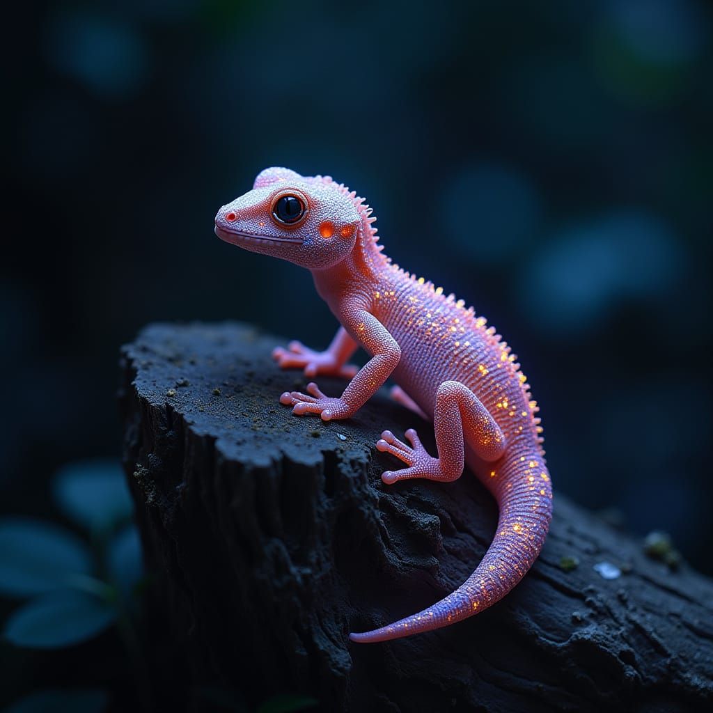 Bioluminescent Gecko on Tree Stump Digital Art