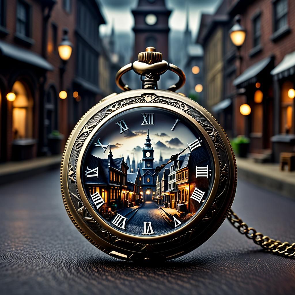 Hyperrealistic Cityscape Inside Vintage Pocket Watch