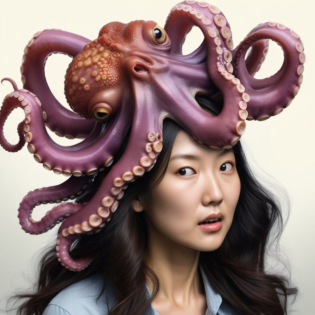 Hyper-realistic Octopus Devouring Woman's Head