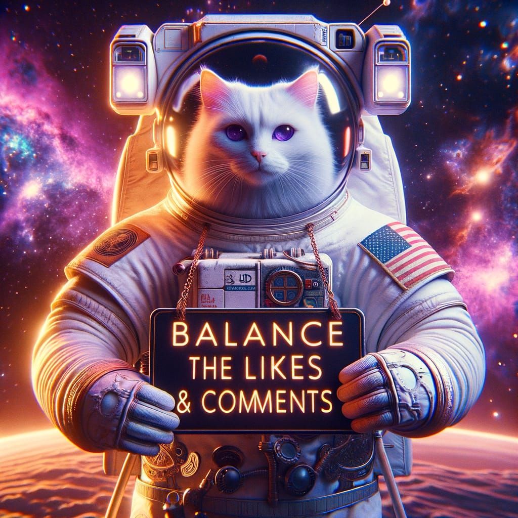 White Cat Astronaut Asks for Balanced Likes, Comments