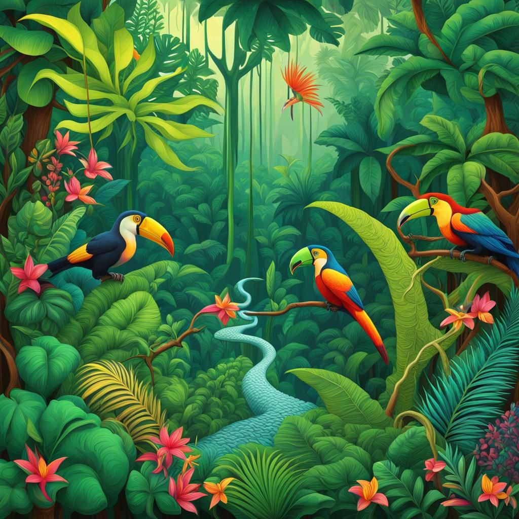 Exotic Rainforest Scene in Abstract Fractal Style