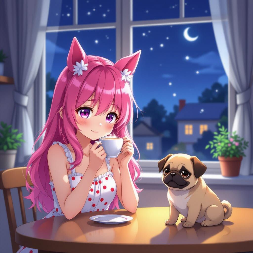 Anime Girl with Horse Ears Drinks Tea with Pug Puppy