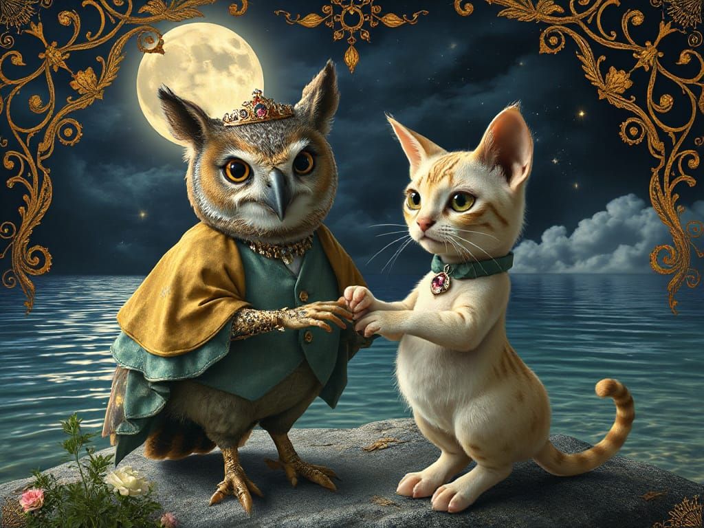 Whimsical Owl and Pussycat Vows in Klimt Style